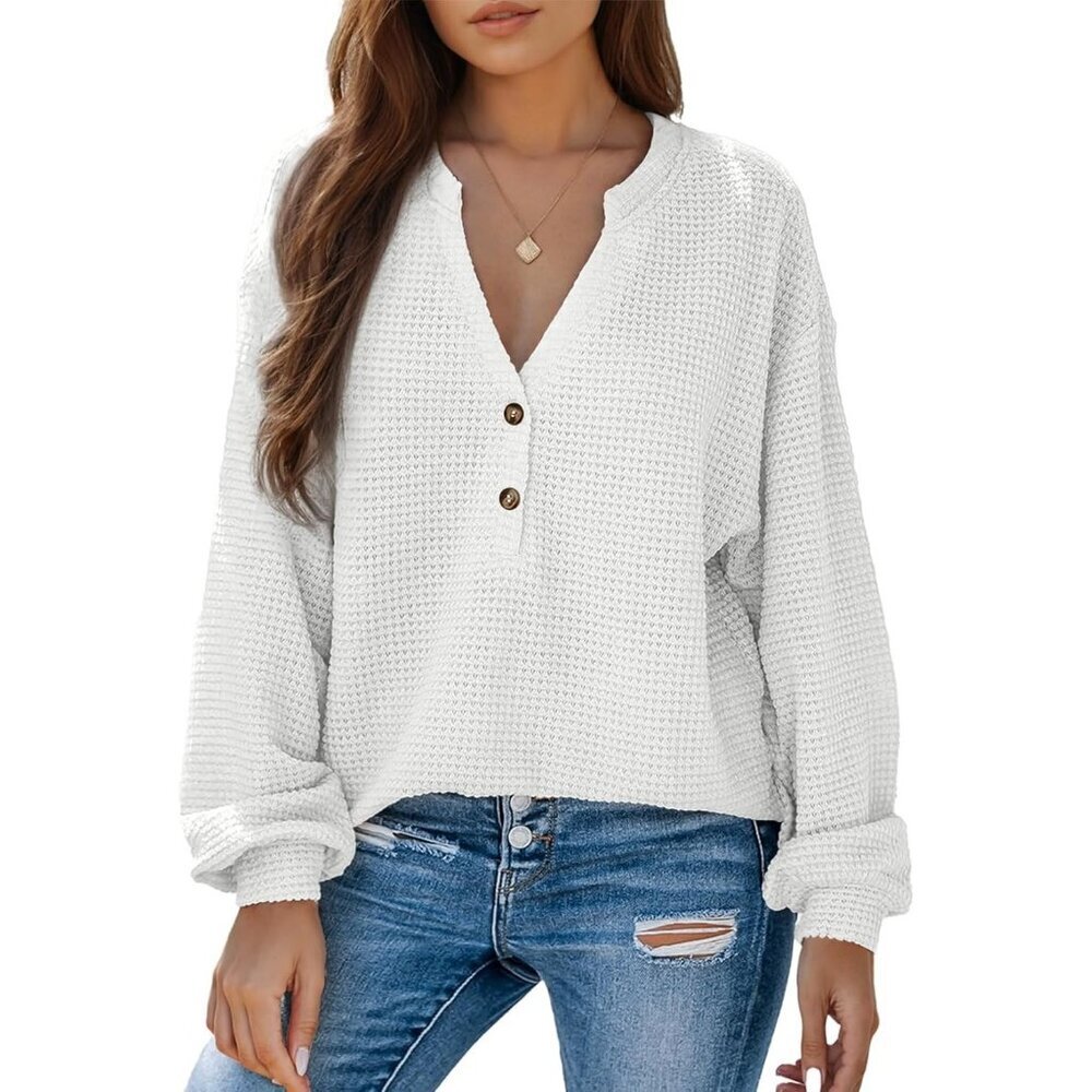 Women's White Button Down Shirts Long Sleeve V Neck Blouses Tee Dressy Tops